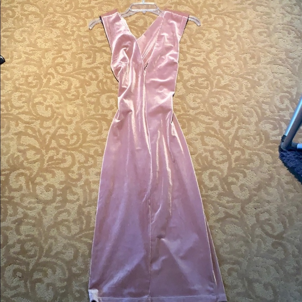 pink velvet lovely day dress, fitted cross back.